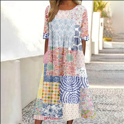Robe longue décontractée à col ras du cou et manches courtes pour femme, imprimé 3D, taille plissée, style trapèze, m301299 