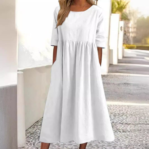 Neues lässiges Kurzarmkleid aus Baumwolle und Leinen mit Falten und Rundhalsausschnitt, m300890 