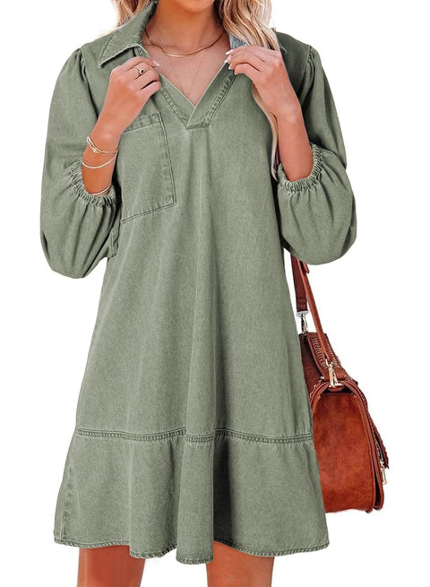 Women's casual doll V-neck seven-point bubble sleeve denim m302207