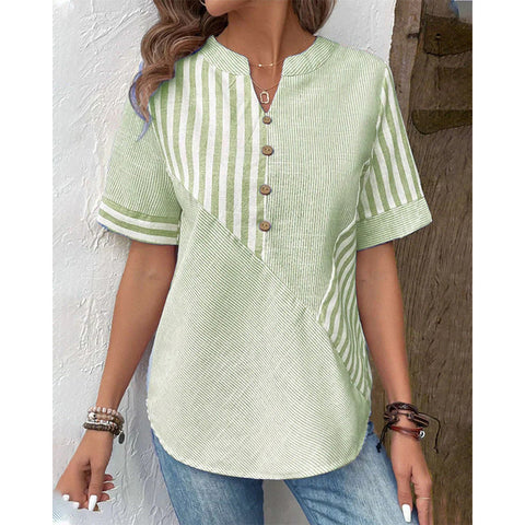 Women's open V-neck shirt asymmetrical striped splicing cotton and linen top m302709