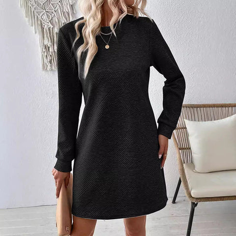 Robe d'automne et d'hiver texture simple et polyvalente col rond manches longues jupe courte m300702 