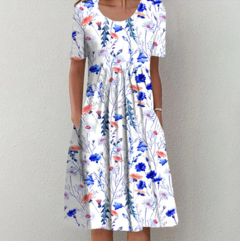 Neues lässiges Kurzarmkleid mit Rundhalsausschnitt und Print m300930 