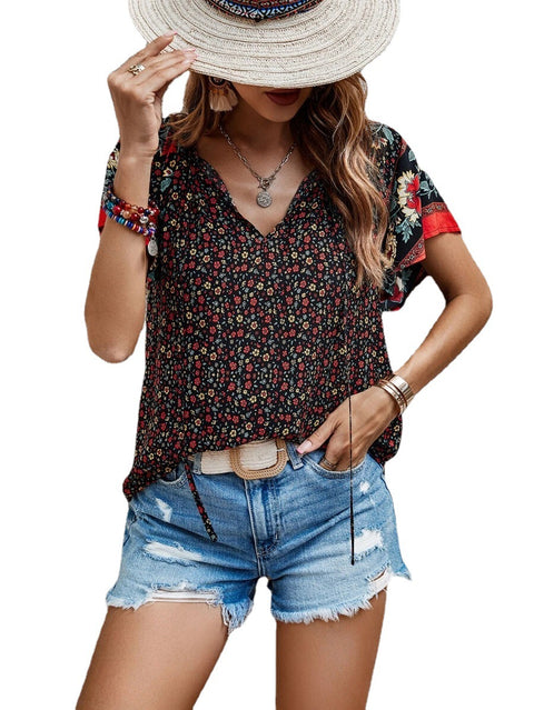Chemise ample à manches courtes et col en V, style décontracté et célèbre, m300885 
