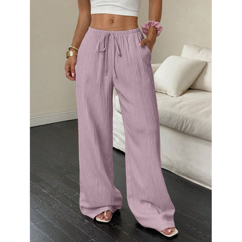 Casual solid color textured fabric knotted waist diagonal pocket wide leg pants m302809