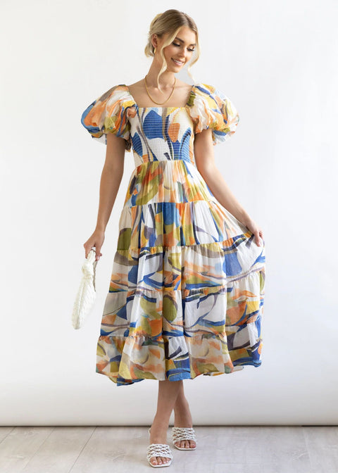 Robe longue imprimée à manches bouffantes et épaules dénudées pour femme M300282 
