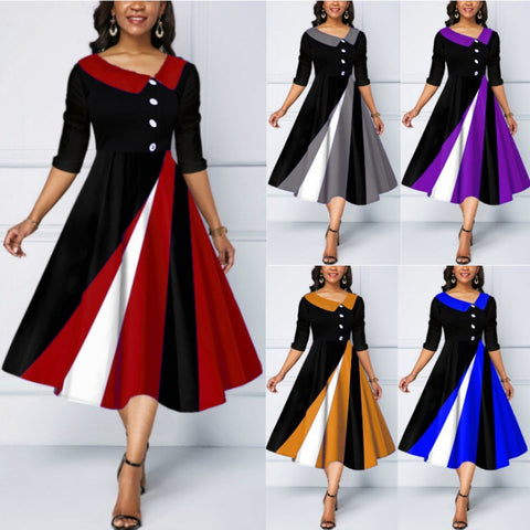 Langes Kleid mit 3D-gedrucktem Pendel und Fünfviertelärmeln und Knopfverzierung, m300864 