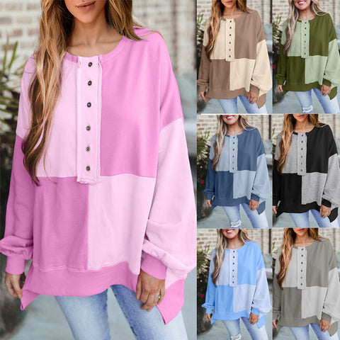 Spleißen kontrastierenden Fleece Schnalle langen Revers Pullover Damen Obermaterial m301011 