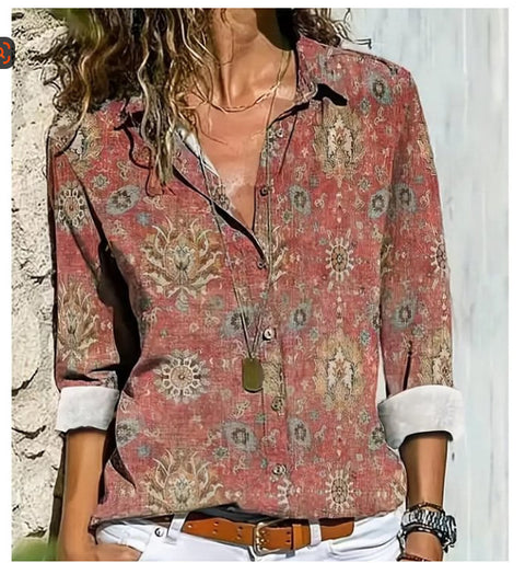 3D digital printing abstract pattern women's long-sleeved buckle linen shirt m302749-03