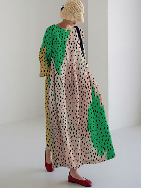 Robe ample à col ras du cou et manches longues imprimée haut de gamme m301044