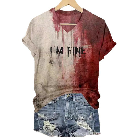 3D Halloween pattern printing, summer temperament casual V-neck short-sleeved European and American women's T-shirt m301688