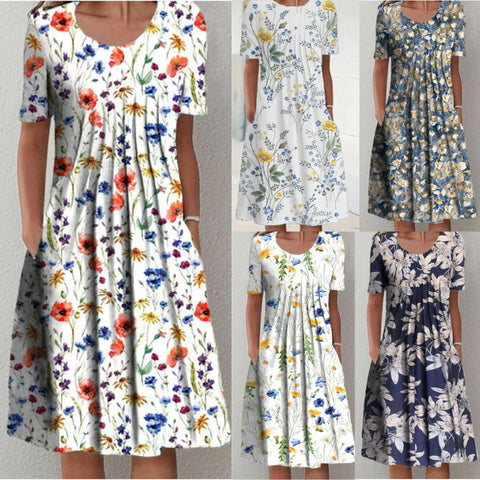 Neues lässiges Kurzarmkleid mit Rundhalsausschnitt und Print m300930 