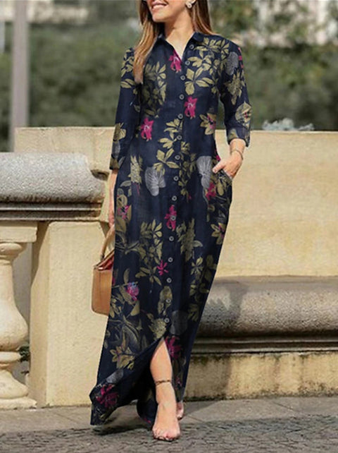 Robe décontractée pour femme, imprimée, avec poches, col à revers et boutons, longueur M300186 