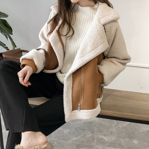 Loose fur integrated suede jacket women's short lamb wool motorcycle jacket m302143
