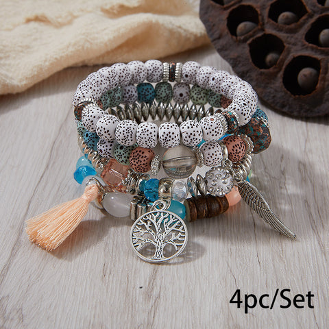 Nouveau bracelet bohème créatif à pompons et perles multicouches m3331286
