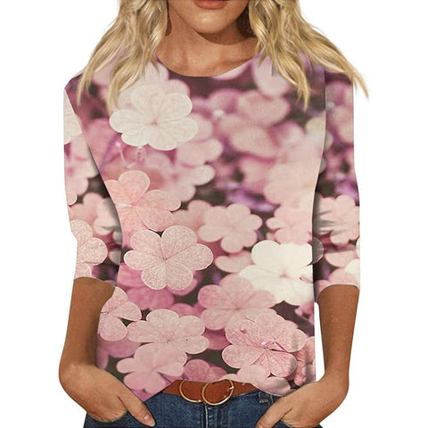 Pullover mit Rundhalsausschnitt und 7/4-Ärmeln, Pflanzenblumen und 3D-Druck, m300615 