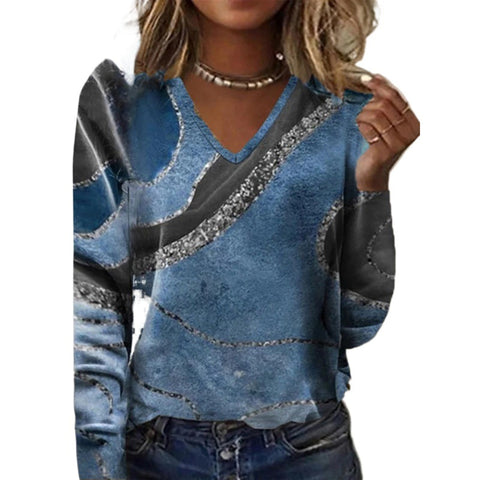 Herbst- und Wintermode mit V-Ausschnitt und bedrucktem Langarm-T-Shirt m300553 