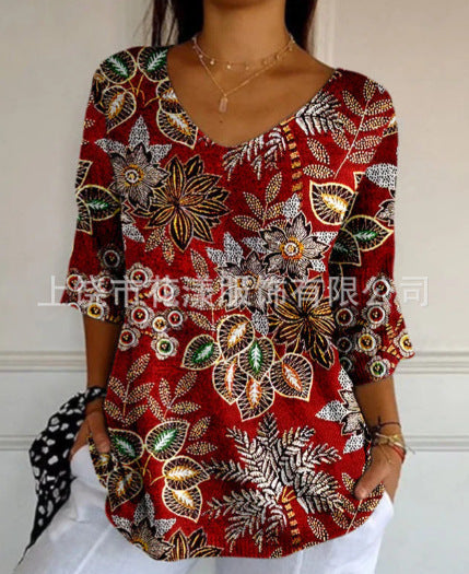 V-neck 3D printed geometric pattern five-quarter sleeve T-shirt top m302777