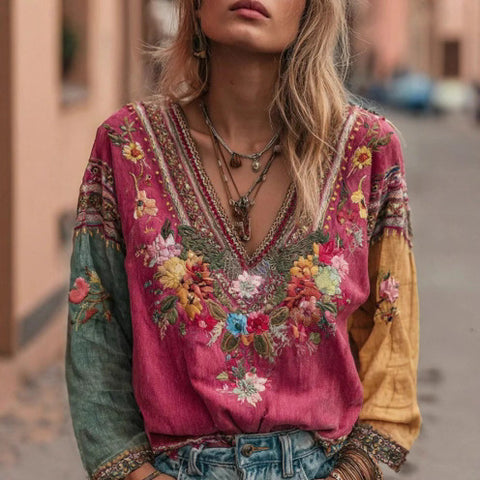 Ladies Casual Vintage Bohemian V-Neck Top Ethnic Style Long Sleeve m301956