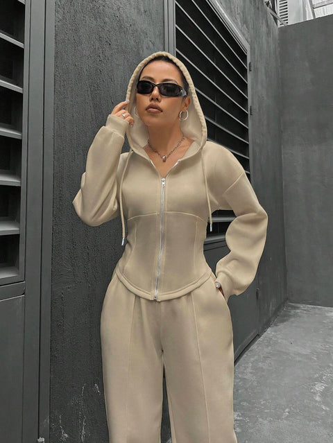 Zweiteiliger trendiger Kapuzen-Cardigan, schlanker, lässiger Zweiteiler für Damen, m300946 