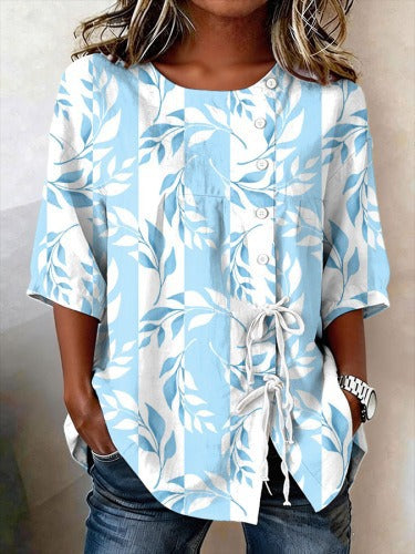 Temperament women's long-sleeved shirt printed top lace-up shirt m302925