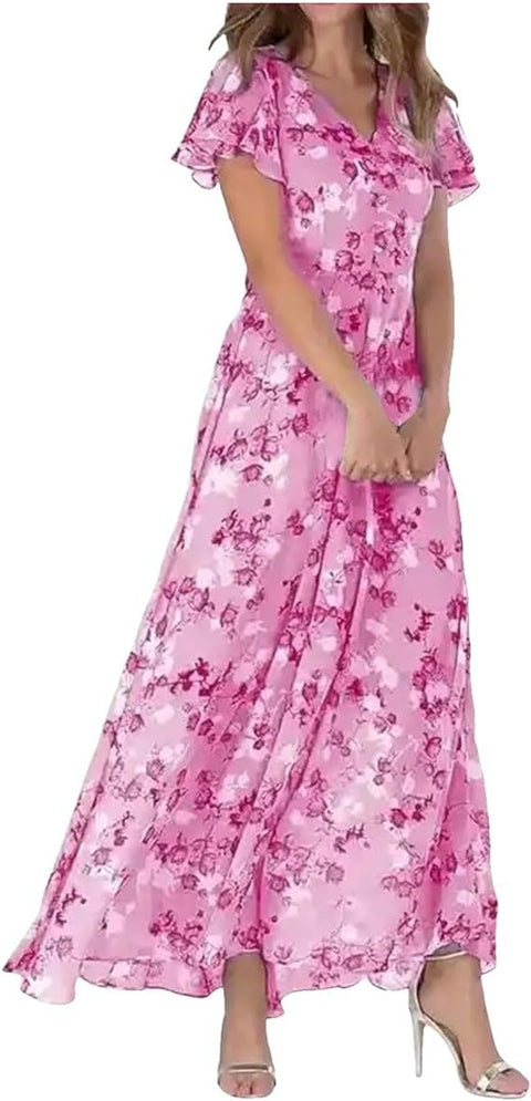Beach pendulum long dress chiffon floral short-sleeved ruffle V-neck fashion waist dress m301342