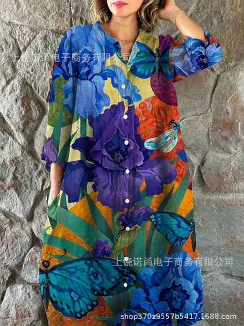 Lockeres Damen-Hemdkleid mit Rundhalsausschnitt, modisch, Premium, langärmlig, bedruckt, m301050