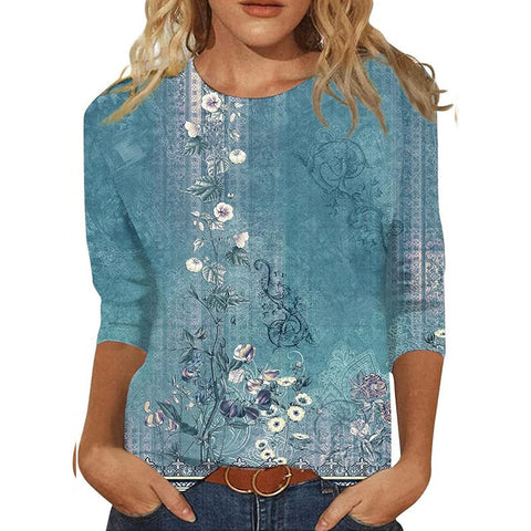 Pullover mit Rundhalsausschnitt und 7/4-Ärmeln, Pflanzenblumen und 3D-Druck, m300615 