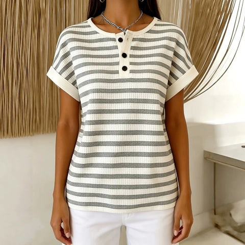 Waffle striped print design crew neck button-up placket casual top m303050