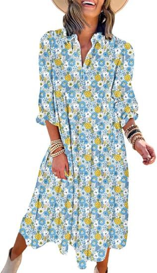 Lockeres, langärmliges, V-Ausschnitt-Kleid für Damen im Bohemian-Stil mit Blumenmuster und eleganter A-Form m300573 