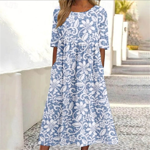 Robe longue décontractée à col ras du cou et manches courtes pour femme, imprimé 3D, taille plissée, style trapèze, m301299 