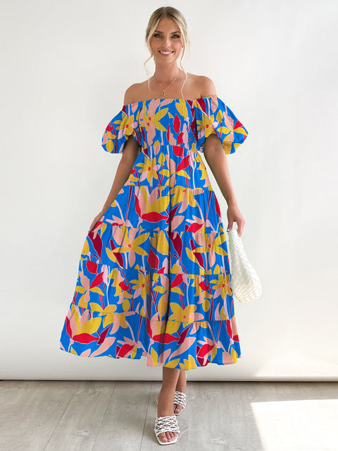 Robe longue imprimée à manches bouffantes et épaules dénudées pour femme M300282 