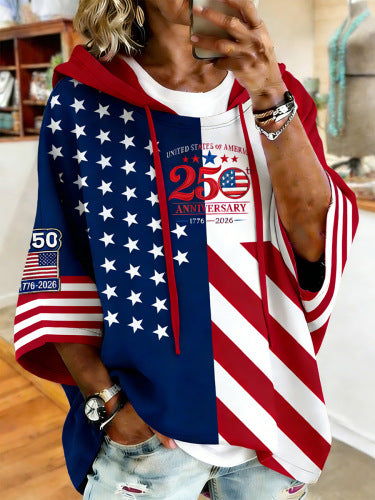 Independence Day 250th Anniversary Printed Loose Hooded T-Shirt m303003