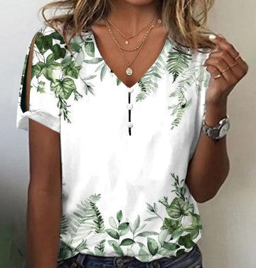 3D printed V-neck button-up T-shirt top daily short-sleeved m301263