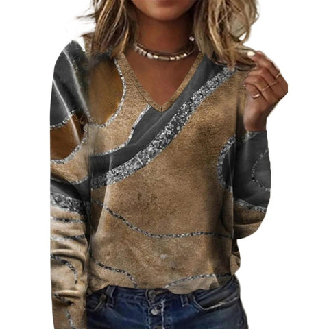 Herbst- und Wintermode mit V-Ausschnitt und bedrucktem Langarm-T-Shirt m300553 