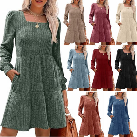 Kleid mit quadratischem Ausschnitt und Laternenärmeln, Puppentasche, langärmliges Kleid m300921 