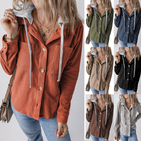 Cardigan à revers avec boucle, sac à main, capuche, corde de traction, veste rayée pour femme m301008 