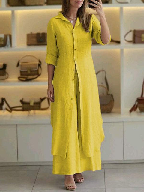 Elegantes Set aus eng anliegendem Langarmhemd und Hose aus Baumwolle und Leinen mit weitem Bein, m301063 