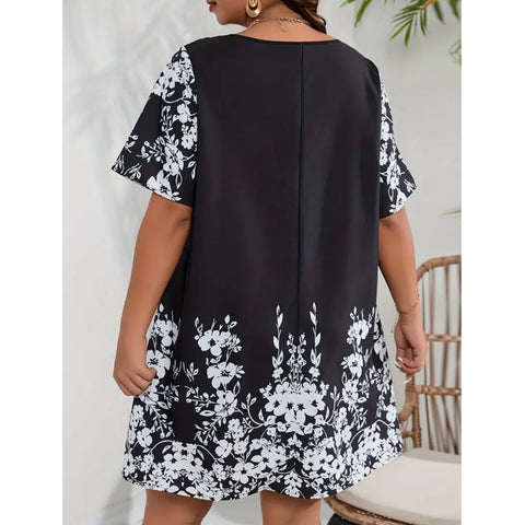 Lockeres, bequemes und lässiges Kurzarmkleid aus bedrucktem Netzstoff mit Nähten M300199 