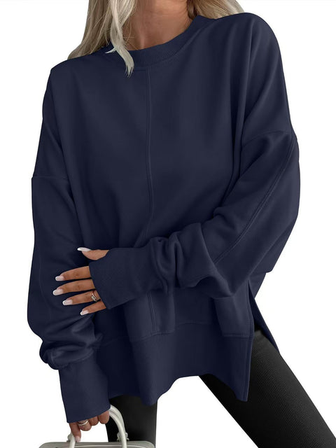 Loose sweater side split splicing round neck bat sleeve fleece top m302100