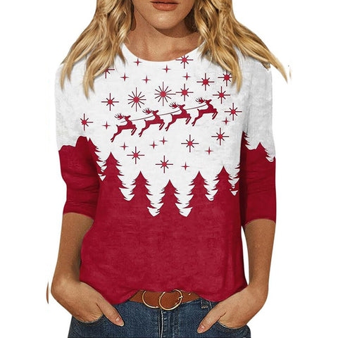 Pullover mit Rundhalsausschnitt und 7/4-Ärmeln, Pflanzenblumen und 3D-Druck, m300615 
