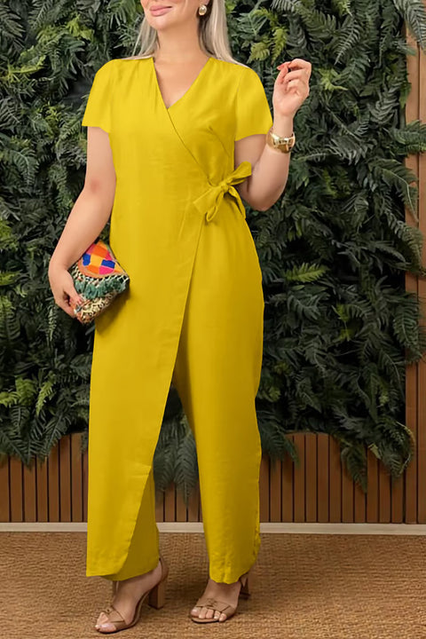 Solid color casual V-neck strap jumpsuit m303023