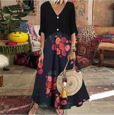 V-Ausschnitt Kurzarm Bedrucktes Langes Kleid Knopf Freizeitrock M300187 