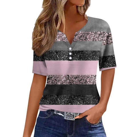 T-shirt femme col V trois boutons impression 3D manches courtes m300477 