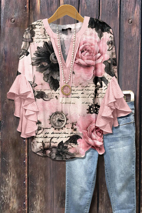 Kreativer Digitaldruck mit Blumenelementdruck, lässiger Trend, V-Ausschnitt, Lotuskante, T-Shirt m301352 