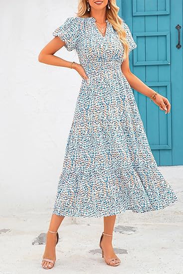 Robe plissée à col en V et manches courtes imprimée m300104 