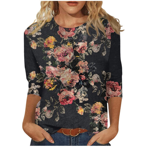 Pull ras du cou à manches sept-quarts et imprimé 3D de fleurs et de plantes m300615 