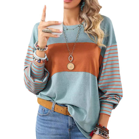 Pullover Rundhals lässig gestreift kontrastfarben Langarm T-Shirt Damen m300875 