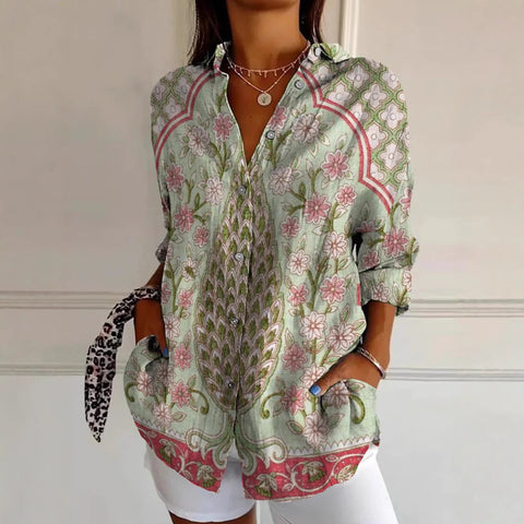 Chemise en lin à manches longues et boucle pour femme, motif abstrait imprimé numérique 3D, M301277 