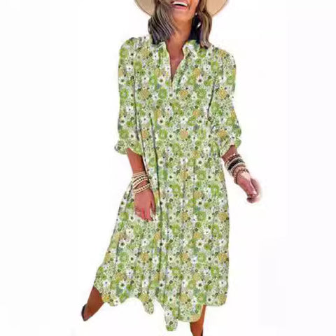Lockeres, langärmliges, V-Ausschnitt-Kleid für Damen im Bohemian-Stil mit Blumenmuster und eleganter A-Form m300573 