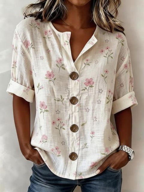 V-Neck Shirt Medium Sleeve Flower Print Button Casual Ladies Shirt m302697